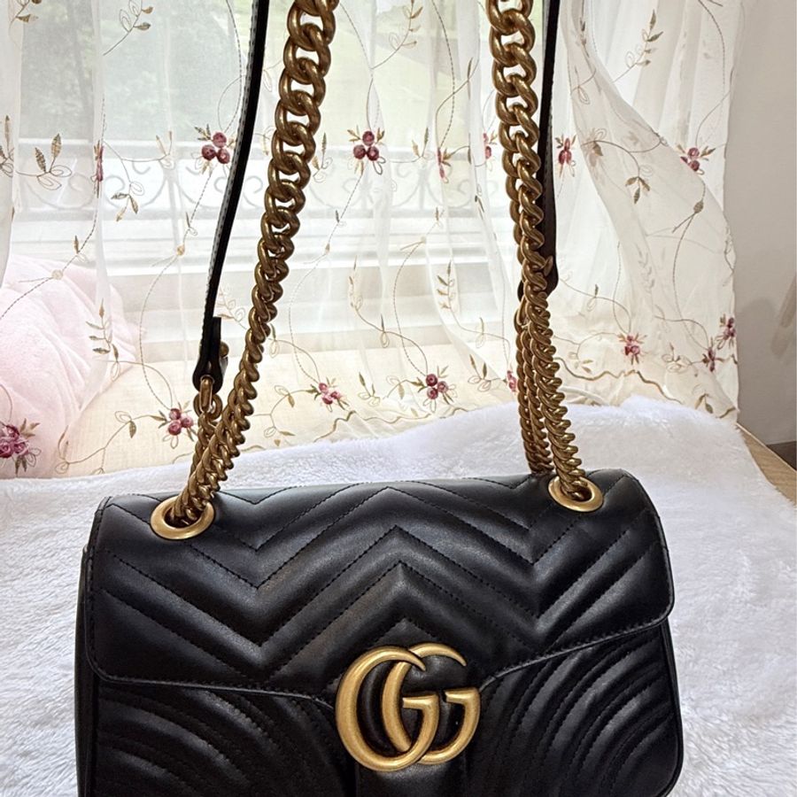 GUCCI GG Marmont matelasse 仿舊金色雙G LOGO肩/斜背包-2
