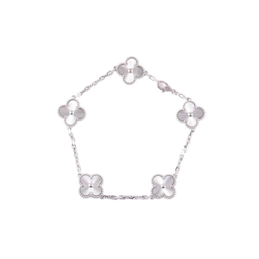 VAN CLEEF&ARPELS(梵克雅寶) Vintage Alhambra 中號五花手鏈 鐳射 新扣 18K白金 M-L碼 白金-5