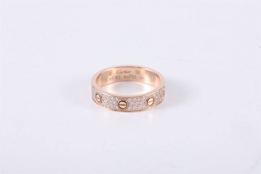 CARTIER(卡地亞) LOVE 18K金滿鑽 三排鑽 窄版戒指 18K玫瑰金/鑽石 56 18K玫瑰金-3