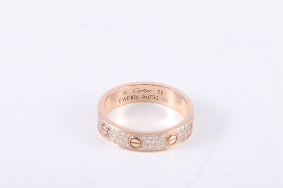 CARTIER(卡地亞) LOVE 18K金滿鑽 三排鑽 窄版戒指 18K玫瑰金/鑽石 56 18K玫瑰金-5