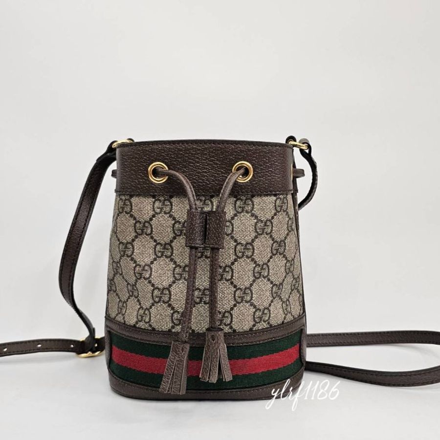 ❣Gucci PVC 咖牛皮邊金釦Ophidia mini束口水桶包-0