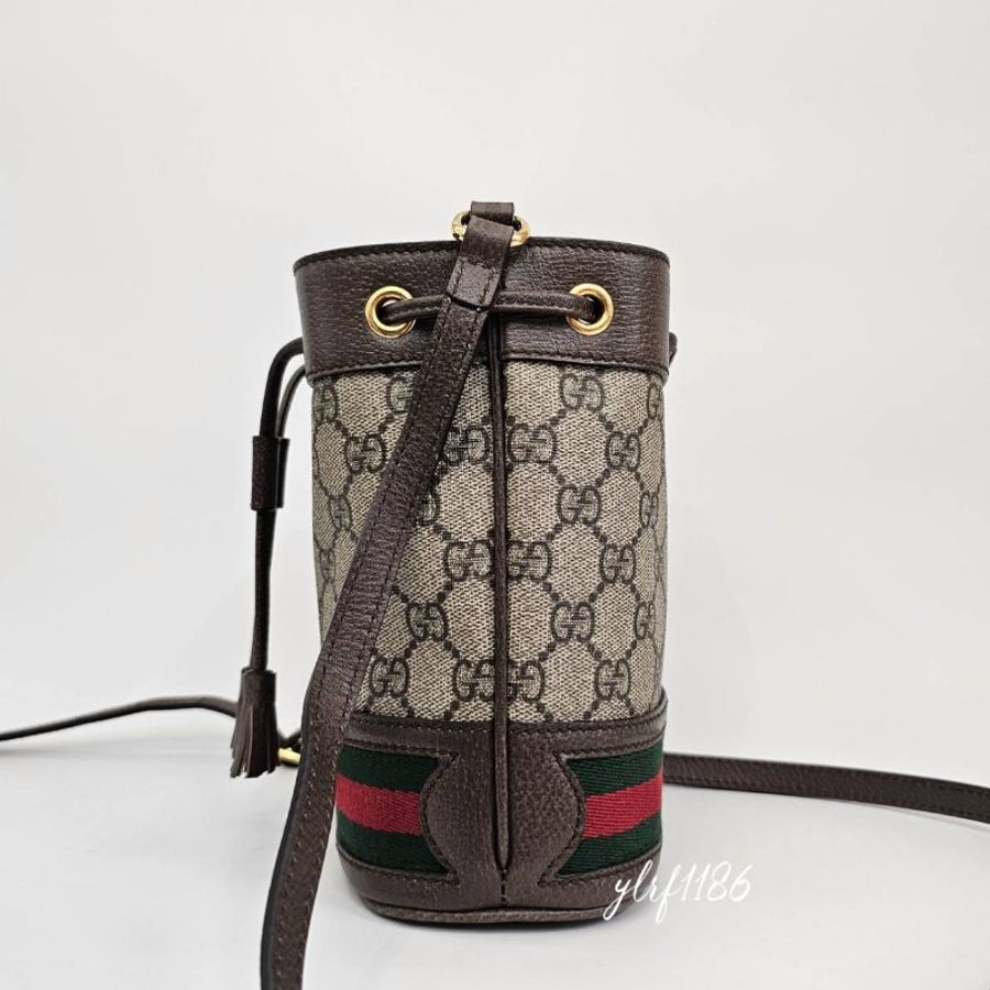 ❣Gucci PVC 咖牛皮邊金釦Ophidia mini束口水桶包-1