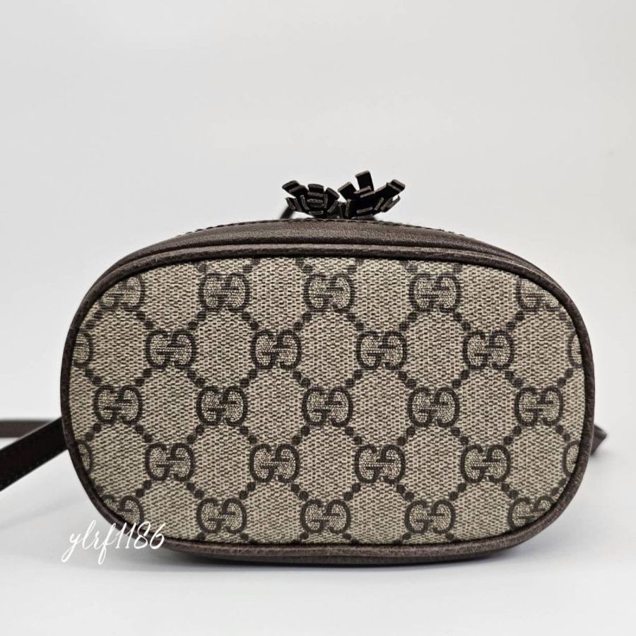 ❣Gucci PVC 咖牛皮邊金釦Ophidia mini束口水桶包-5