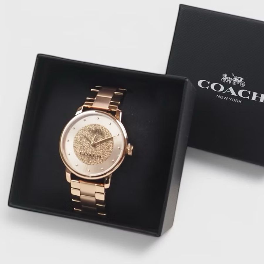 全新現貨 COACH Grand 流沙金錶盤 經典馬車Logo不鏽鋼女錶-36mm(玫瑰金色)-0