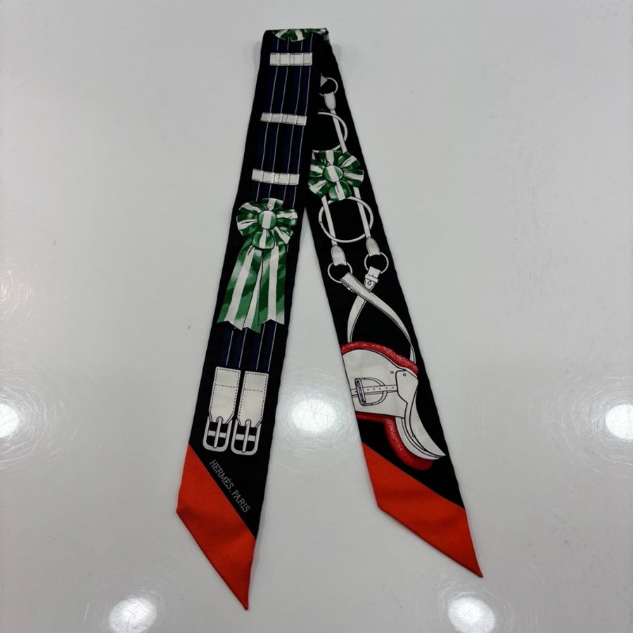 Hermes橘藍綠皮帶緞帶圖案twilly絲巾-1