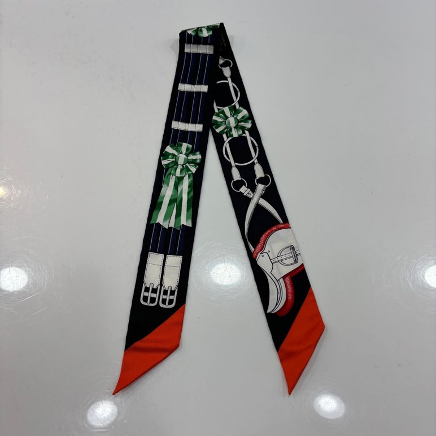 Hermes橘藍綠皮帶緞帶圖案twilly絲巾-2