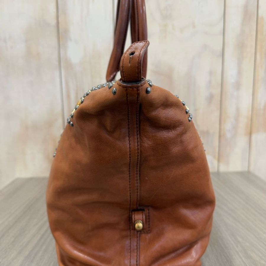 YSL 限量 焦糖色 全皮 手工 卯釘 肩背包 EASY BAG 波士頓-1