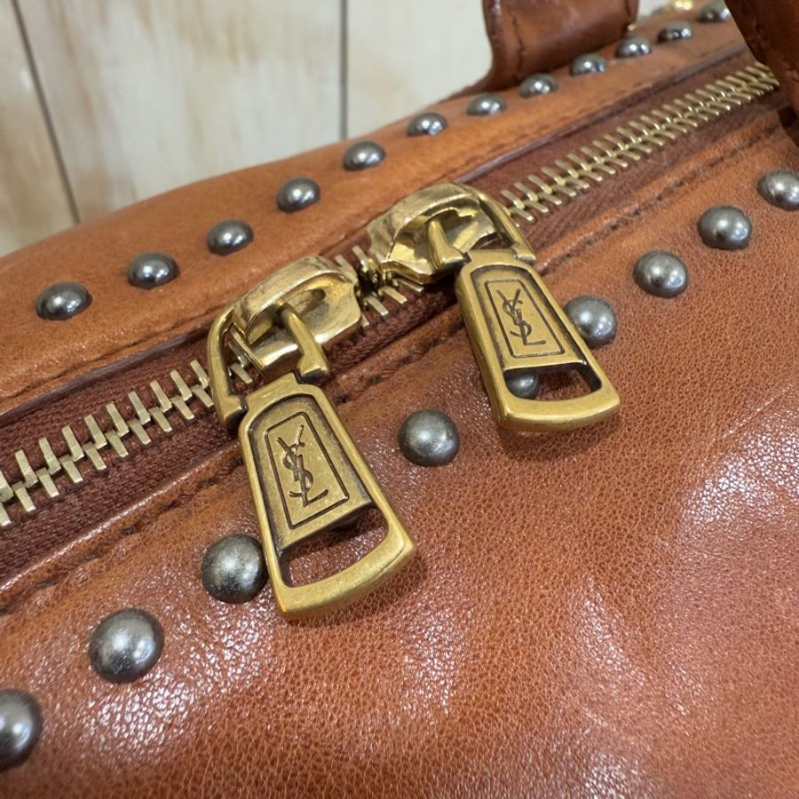 YSL 限量 焦糖色 全皮 手工 卯釘 肩背包 EASY BAG 波士頓-17