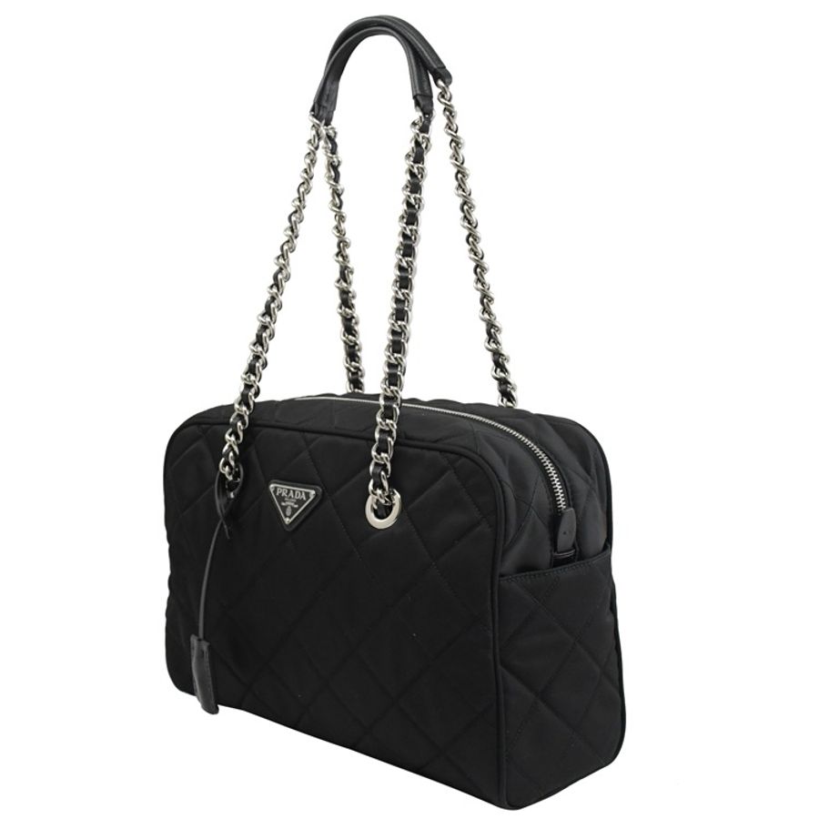 PRADA 經典三角LOGO菱格尼龍鎖組拉鍊托特包 黑銀 肩背 波士頓包~愛麗絲同款-1