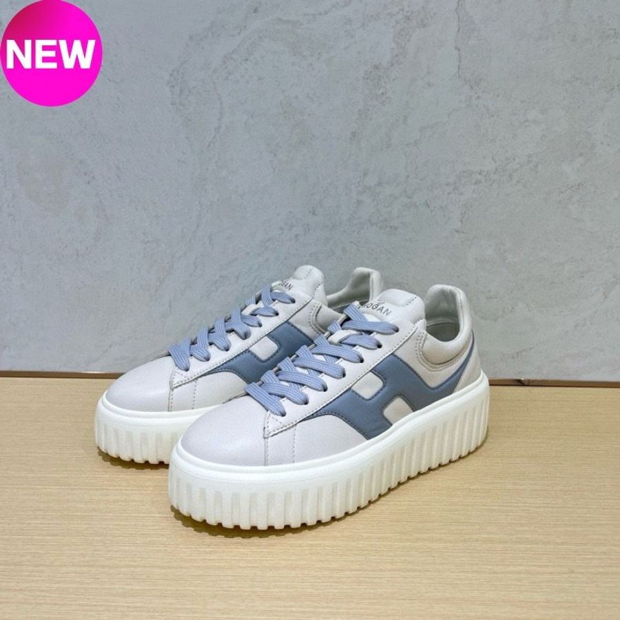 🌸2025春夏新品🌸Hogan 女款 H-Stripes 光滑皮革6公分厚底運動鞋 白配灰藍色 EU35/36/37/38(購買請訊息告知需要尺寸)-0