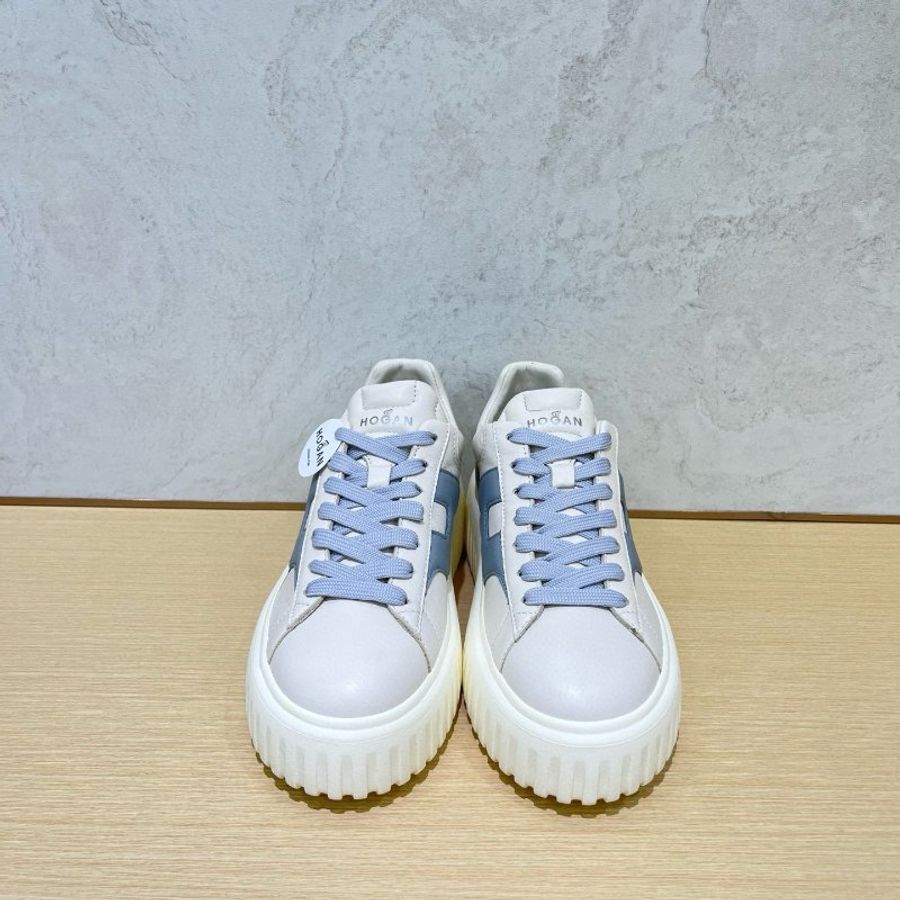 🌸2025春夏新品🌸Hogan 女款 H-Stripes 光滑皮革6公分厚底運動鞋 白配灰藍色 EU35/36/37/38(購買請訊息告知需要尺寸)-2
