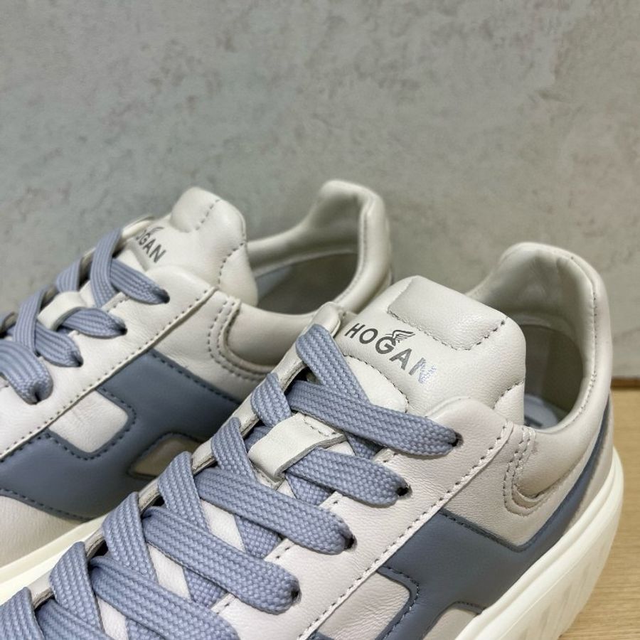 🌸2025春夏新品🌸Hogan 女款 H-Stripes 光滑皮革6公分厚底運動鞋 白配灰藍色 EU35/36/37/38(購買請訊息告知需要尺寸)-3
