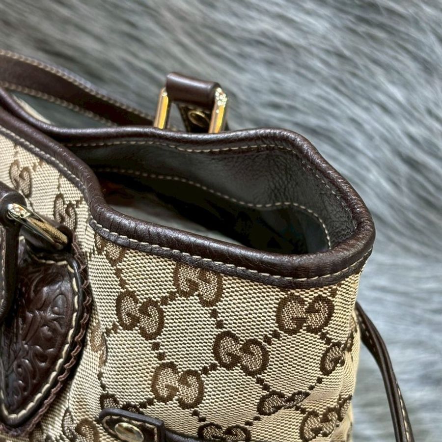 GUCCI 211955 GG LOGO 咖啡色緹花布 愛心小金人 流蘇包肩背包購物包托特包-12