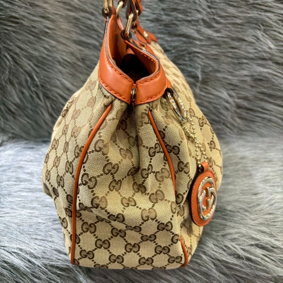 GUCCI 211944 橘色 牛皮 緹花布 拉鍊 肩背包 側背包 手提包 SUKEY-1