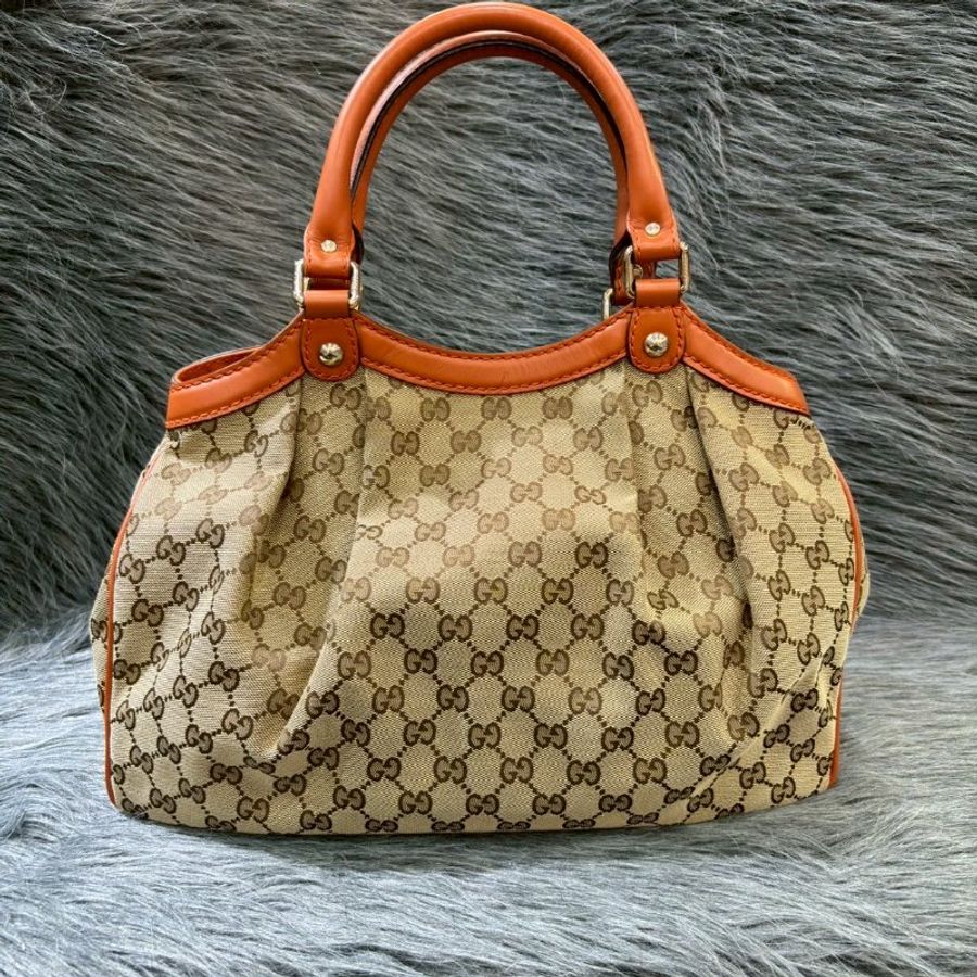 GUCCI 211944 橘色 牛皮 緹花布 拉鍊 肩背包 側背包 手提包 SUKEY-2