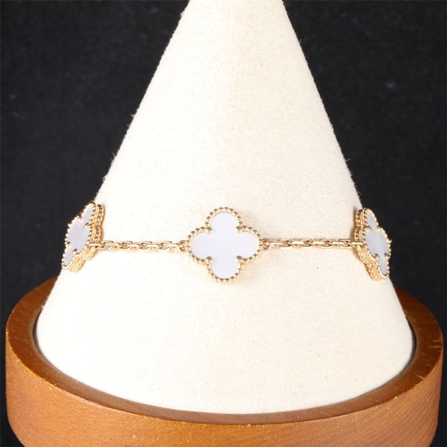 VAN CLEEF&ARPELS(梵克雅寶) Vintage Alhambra 中號五花手鏈 新扣 18K黃金/白貝母 M-L碼 黃金-0