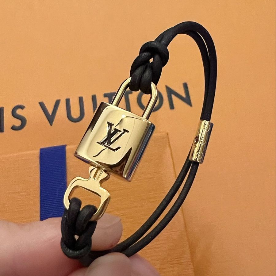 Louis Vuitton LV 路易士威登 Twinlocks 經典黑色皮革皮繩編織鎖頭手環手鍊手繩 黑金-5