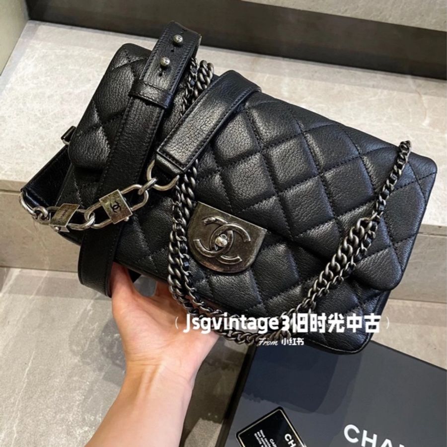 (已售出)Chanel Cf20 秀款黑銀荔枝牛皮鎖頭鏈條包🉑斜挎🉑肩背 秒殺限量款 全台唯一🔥-1