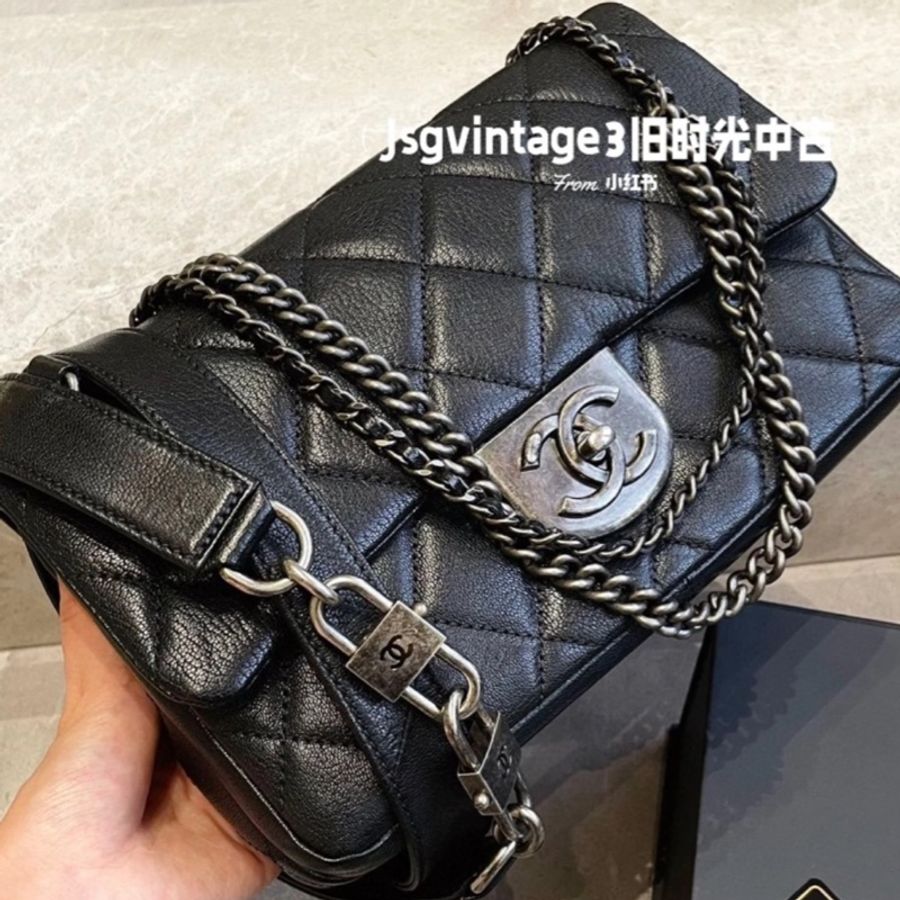 (已售出)Chanel Cf20 秀款黑銀荔枝牛皮鎖頭鏈條包🉑斜挎🉑肩背 秒殺限量款 全台唯一🔥-6