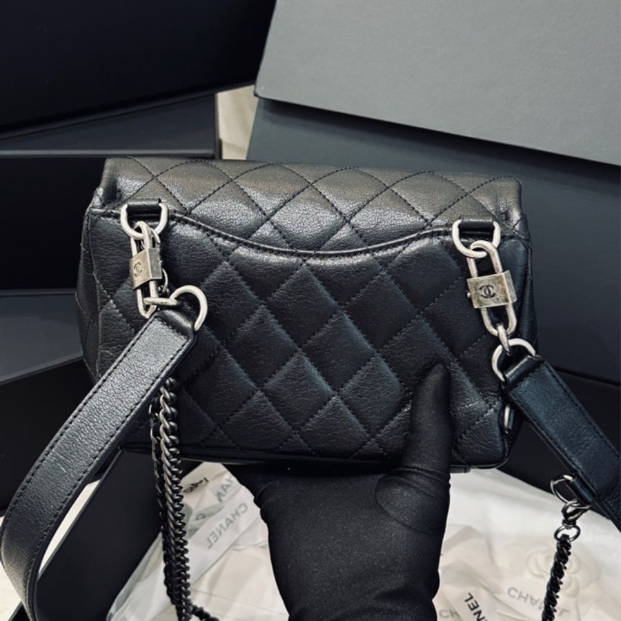 (已售出)Chanel Cf20 秀款黑銀荔枝牛皮鎖頭鏈條包🉑斜挎🉑肩背 秒殺限量款 全台唯一🔥-19