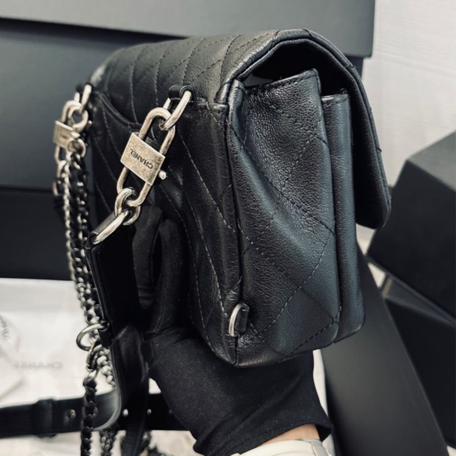 (已售出)Chanel Cf20 秀款黑銀荔枝牛皮鎖頭鏈條包🉑斜挎🉑肩背 秒殺限量款 全台唯一🔥-21
