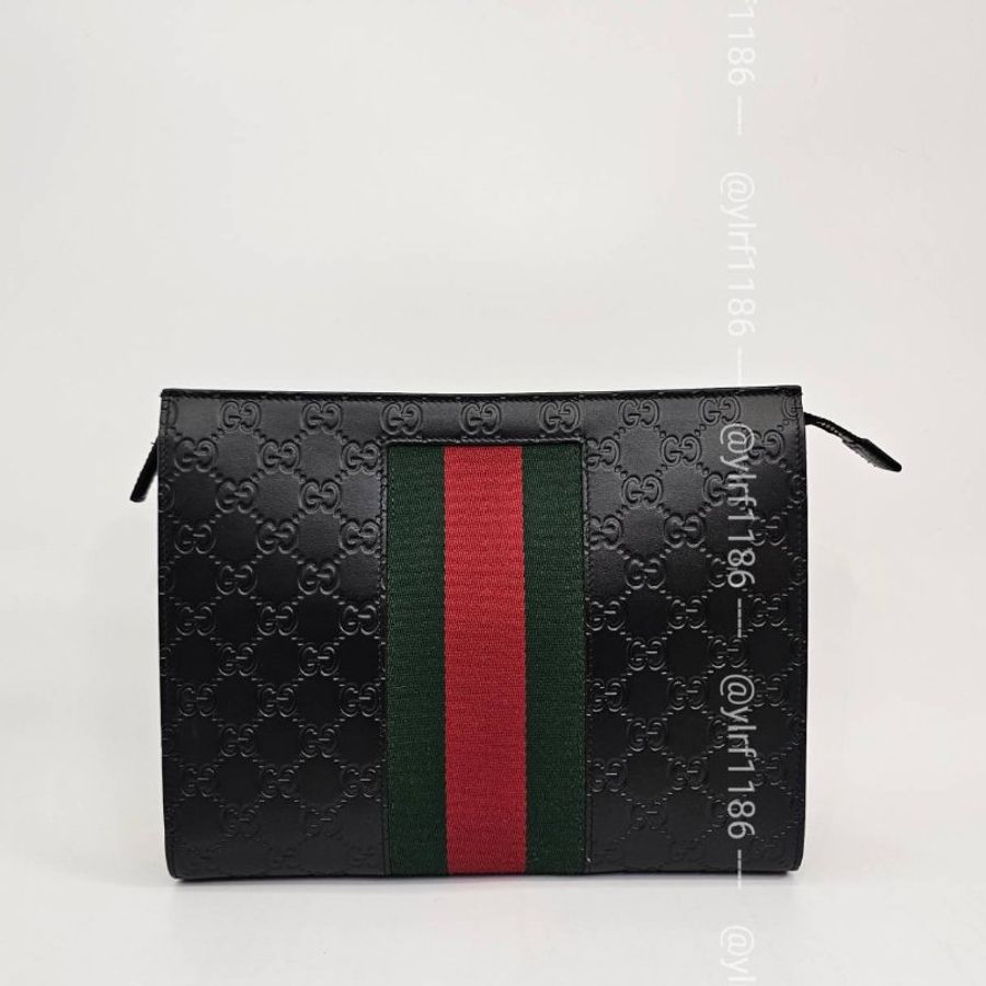 ❣Gucci 黑牛皮GG壓紋綠紅綠織帶一字拉手拿包-0