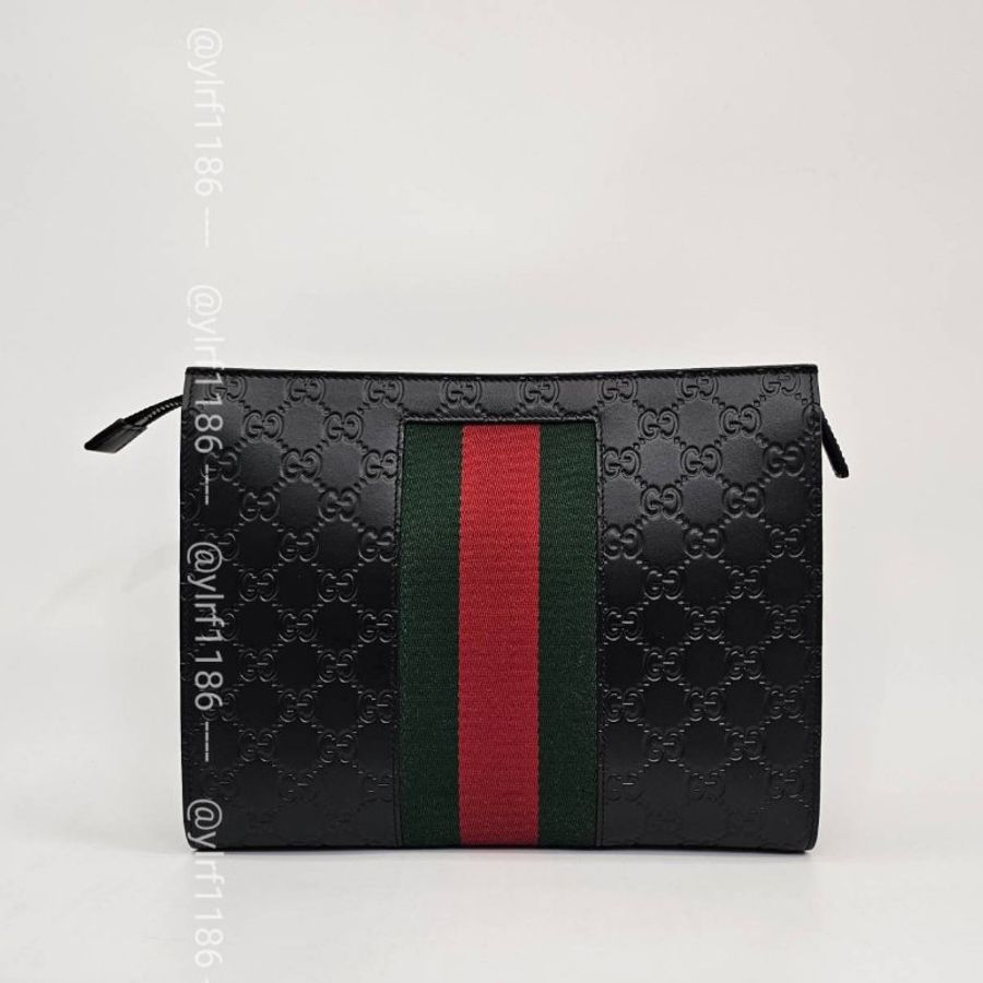 ❣Gucci 黑牛皮GG壓紋綠紅綠織帶一字拉手拿包-1