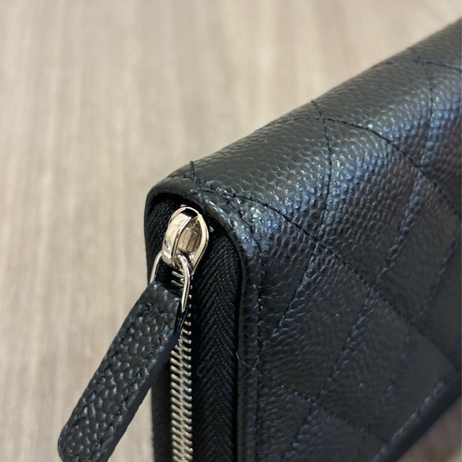 CHANEL AP0242 COCO 黑色荔枝皮 銀釦 零錢拉鍊發財長夾皮夾錢包-6