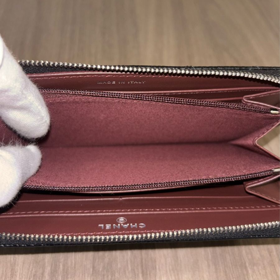 CHANEL AP0242 COCO 黑色荔枝皮 銀釦 零錢拉鍊發財長夾皮夾錢包-14