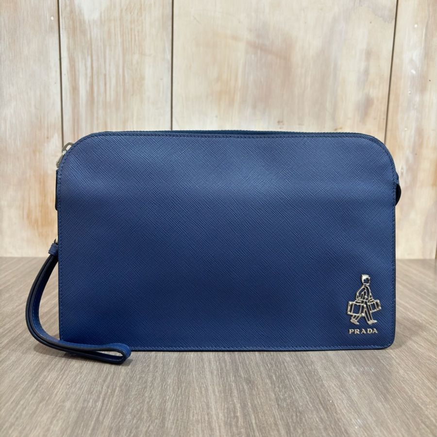 PRADA 2VF056 藍色 荔枝皮 可拆 手把 把手 皮帶 大容量 手拿包 公事包-0