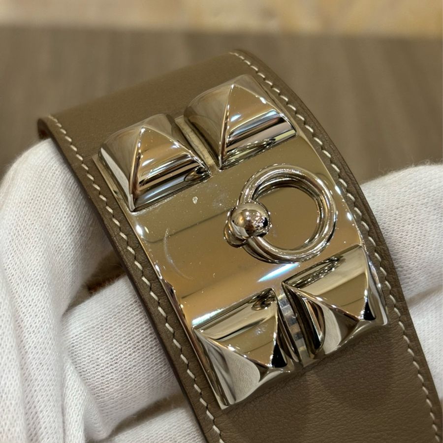 HERMES CDC 寬版 銀釦 大象 灰 全 皮 卯釘 搖滾 手鐲 手環-3