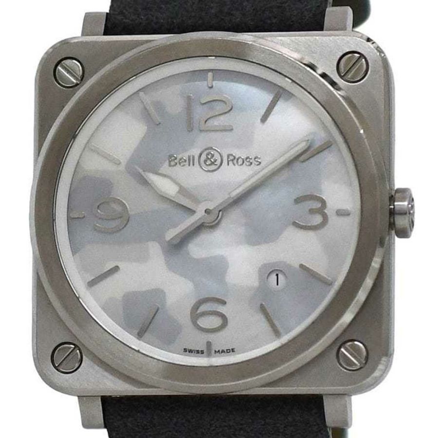 Bell & Ross 手錶 Aviation 39 f-22679 迷彩白殼銀灰 BRS-64-S 男款 SS 絨面皮革橡膠石英方形錶盤可更換錶帶電池供電-0
