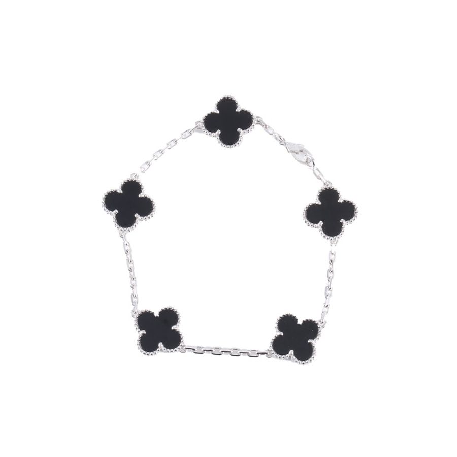 VAN CLEEF&ARPELS(梵克雅寶) Vintage Alhambra 中號五花手鏈 四葉草黑瑪瑙 18K白金 18K白金/縞瑪瑙 M-L碼 白金-0