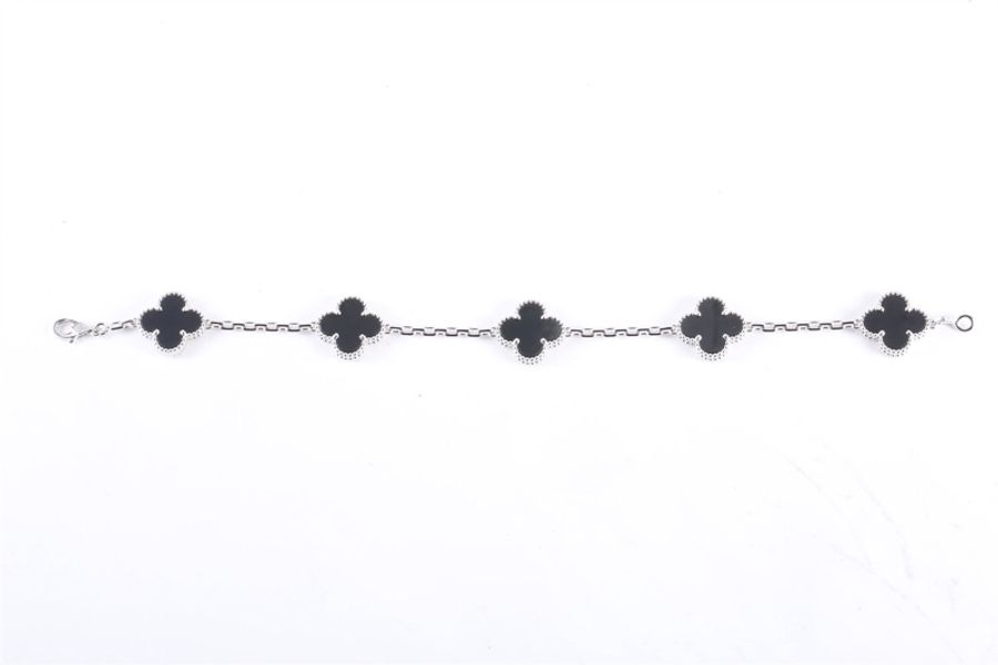 VAN CLEEF&ARPELS(梵克雅寶) Vintage Alhambra 中號五花手鏈 四葉草黑瑪瑙 18K白金 18K白金/縞瑪瑙 M-L碼 白金-5