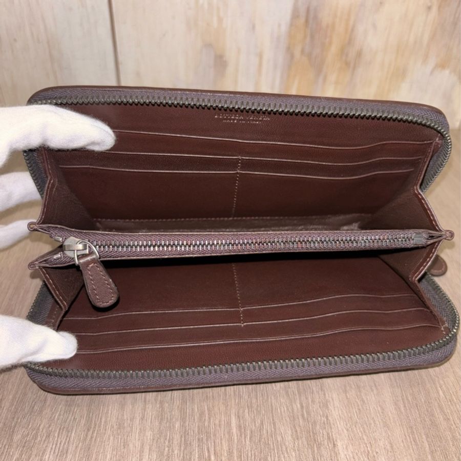 BOTTEGA VENETA BV 咖 全皮 編織 拉鍊 零錢 發財 皮 夾 長夾-12