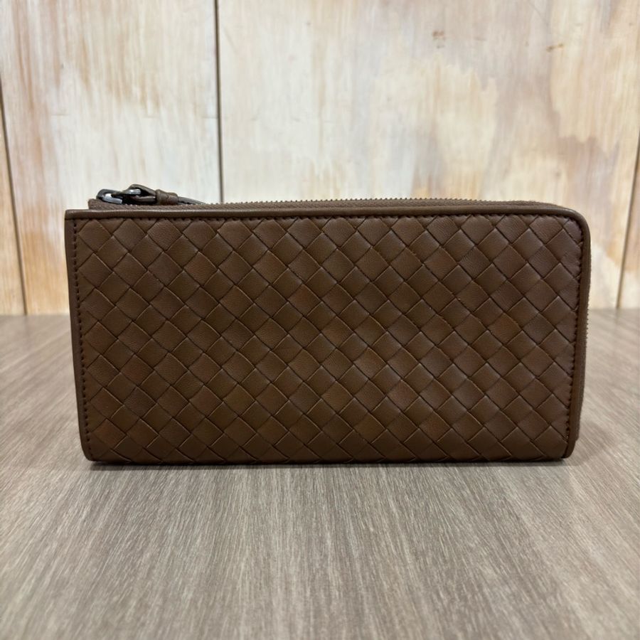 BOTTEGA VENETA BV 咖啡 全皮 編織 零錢 拉鍊 發財 長夾 夾 皮夾-0