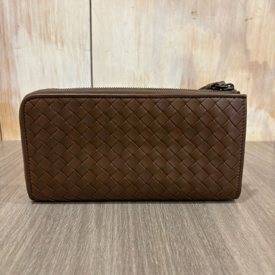 BOTTEGA VENETA BV 咖啡 全皮 編織 零錢 拉鍊 發財 長夾 夾 皮夾-1