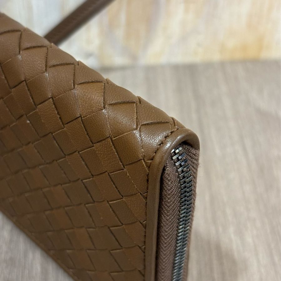 BOTTEGA VENETA BV 咖啡 全皮 編織 零錢 拉鍊 發財 長夾 夾 皮夾-9