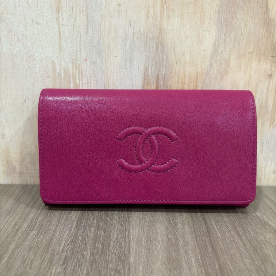 CHANEL 桃紅 牛皮 雙C COCO 信用卡夾 長夾 皮夾 零錢包 發財包 錢包-0