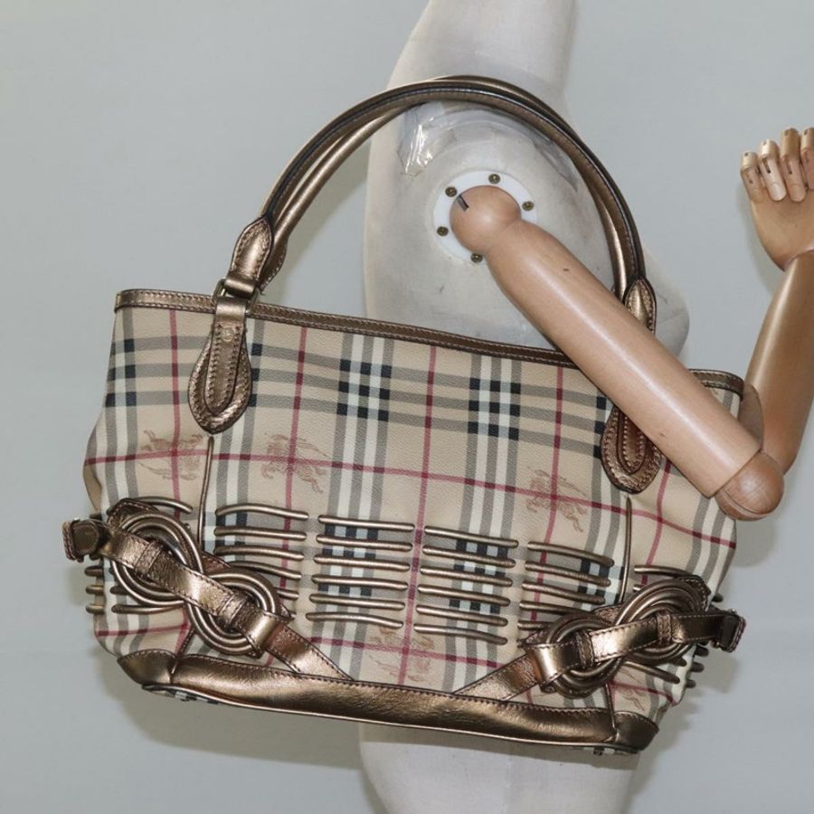 【日本直送】BURBERRY Nova 格紋手提包 PVC 皮革 米色 金色 正品 EC786-20