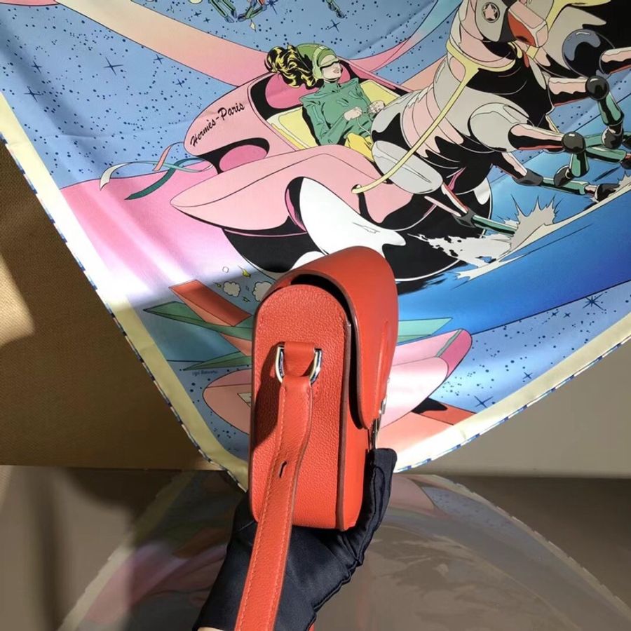 Hermes cherche midi中號鮭魚紅銀扣el皮T刻腋下單肩斜挎包, 肩帶可調整 很時髦-5