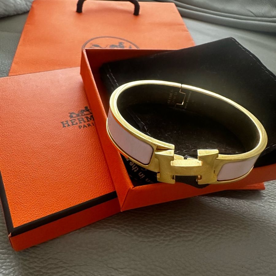 Hermes 愛馬仕 Clic H Logo細版玫瑰金粉色琺瑯手環-0