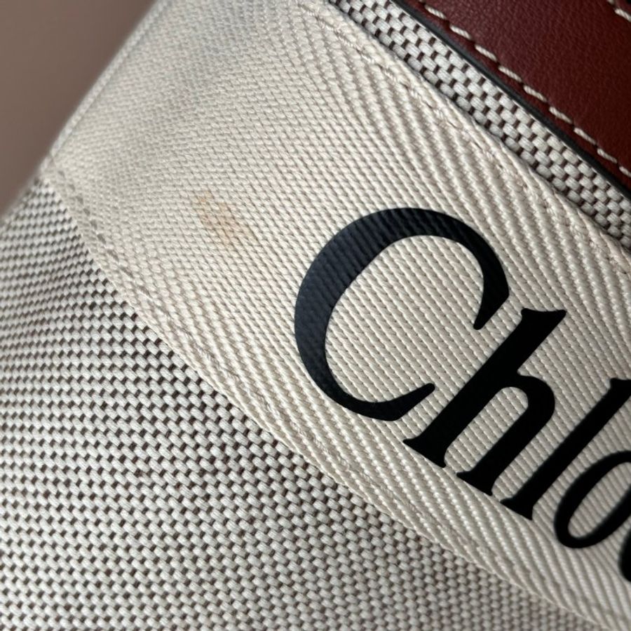 ::CHLOE:: WOODY 系列 咖邊牛皮 帆布LOGO字母織帶肩背托特包MM-8
