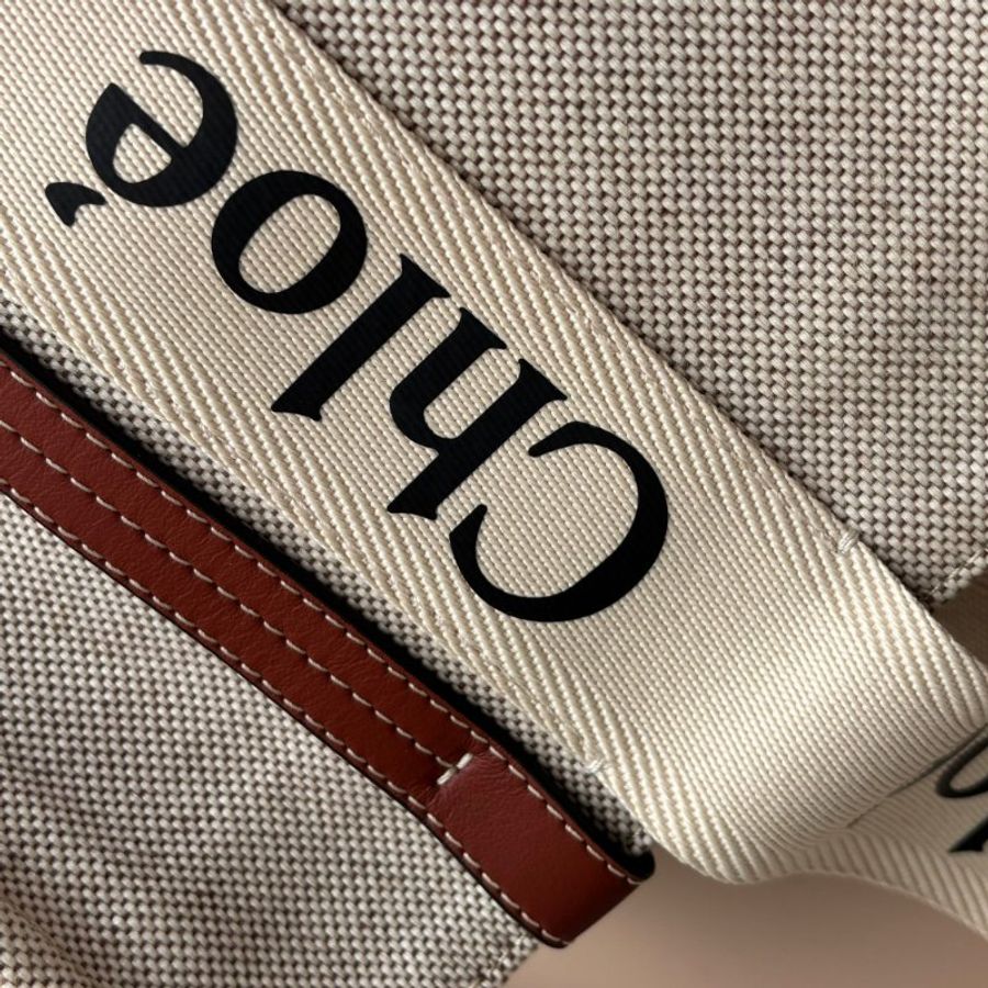 ::CHLOE:: WOODY 系列 咖邊牛皮 帆布LOGO字母織帶肩背托特包MM-11