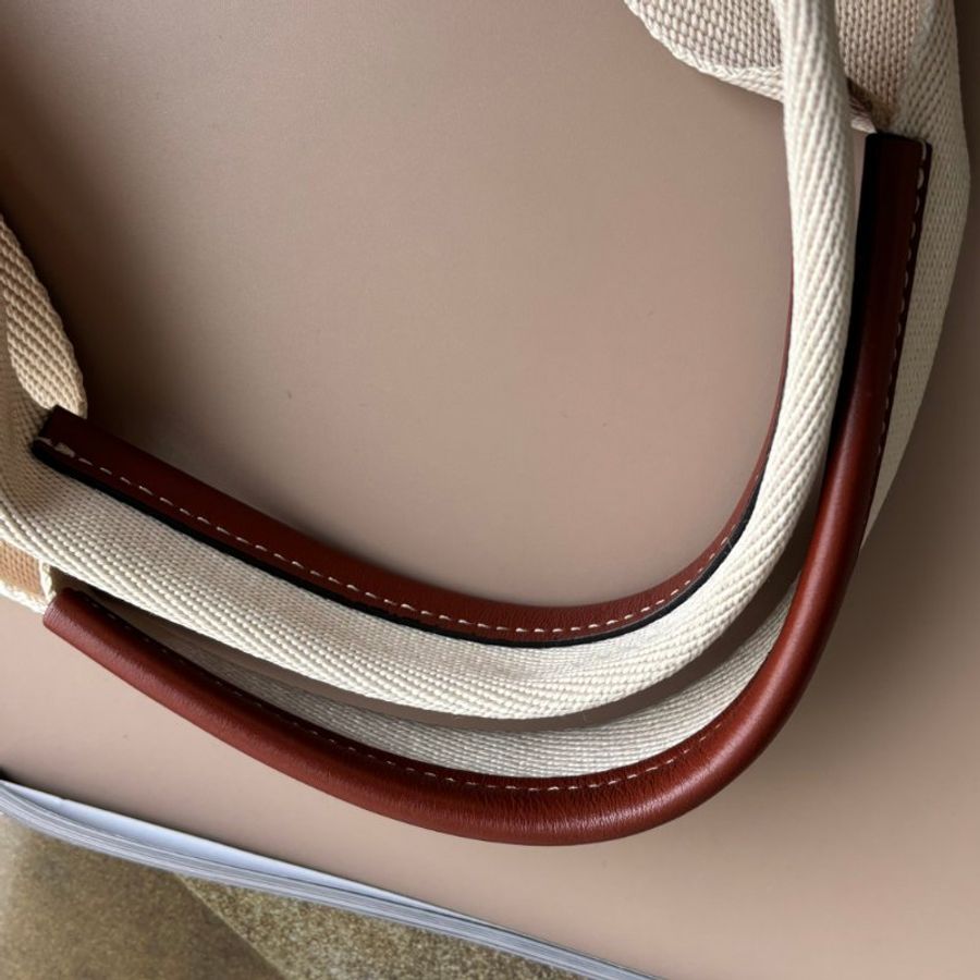 ::CHLOE:: WOODY 系列 咖邊牛皮 帆布LOGO字母織帶肩背托特包MM-12