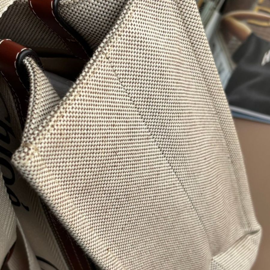 ::CHLOE:: WOODY 系列 咖邊牛皮 帆布LOGO字母織帶肩背托特包MM-30