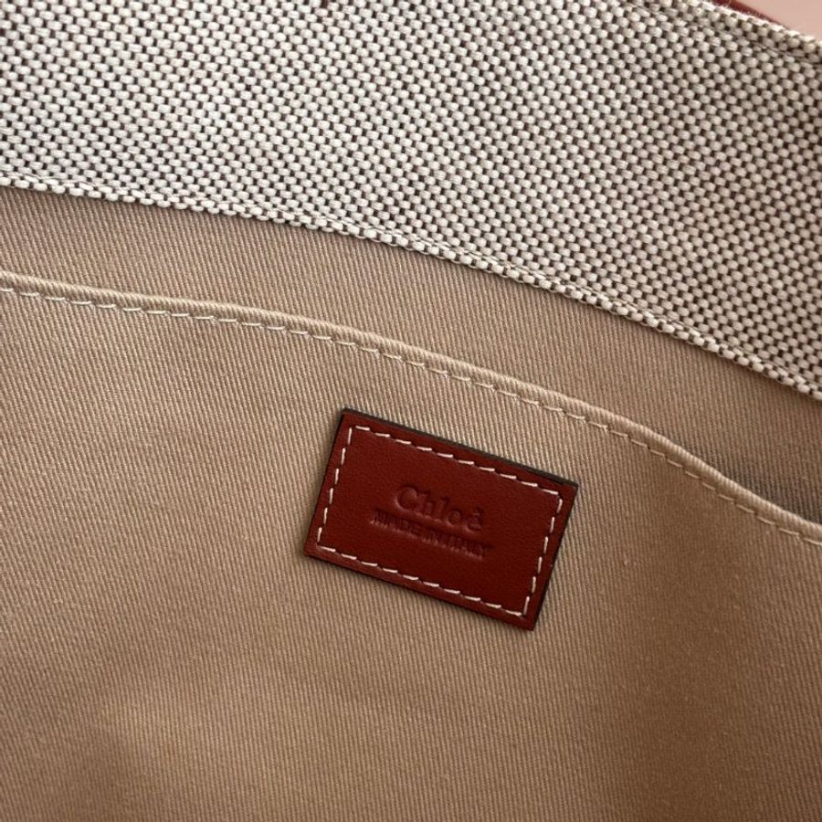 ::CHLOE:: WOODY 系列 咖邊牛皮 帆布LOGO字母織帶肩背托特包MM-36