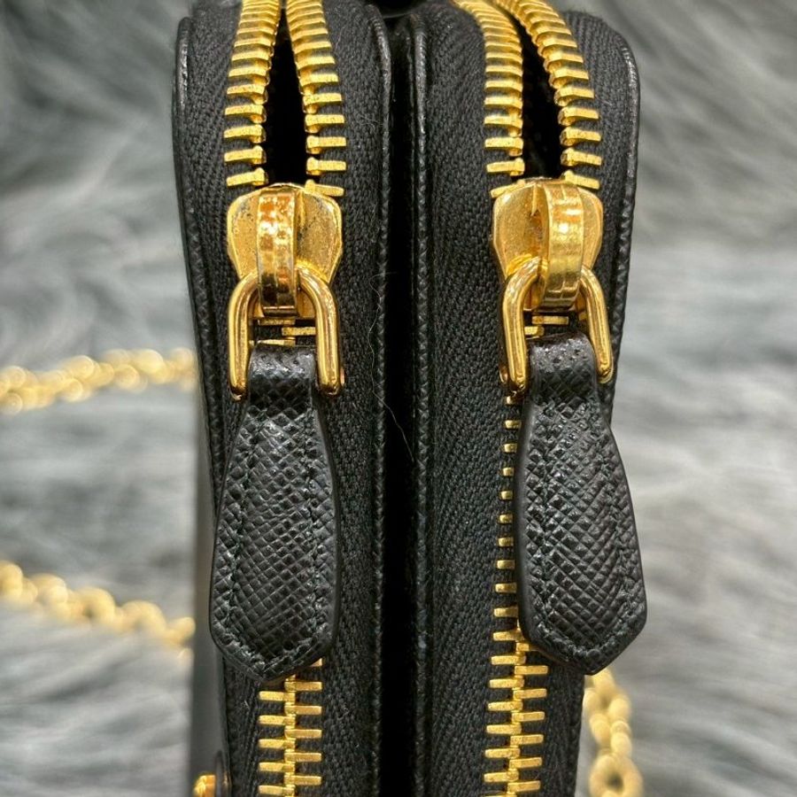 PRADA 1BP024 黑 牛皮 金鍊 雙拉鍊 手拿包 肩背包 斜背包 長夾 晚宴包 WOC-15