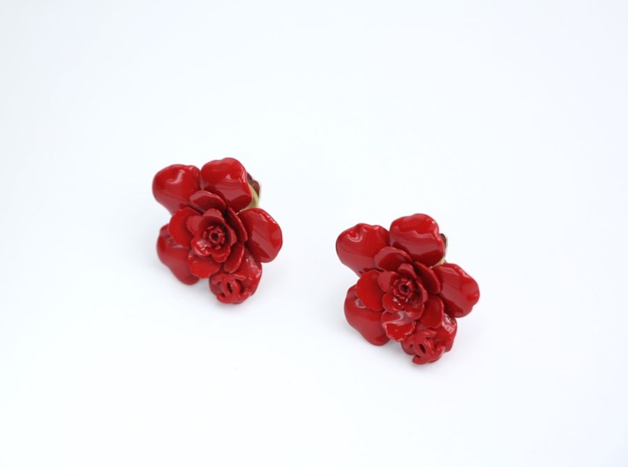 Chanel Vintage 04P 樹脂大紅色疊層花花耳環-3