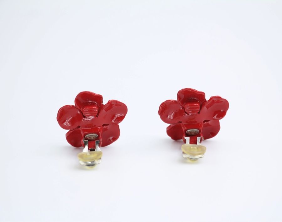 Chanel Vintage 04P 樹脂大紅色疊層花花耳環-4